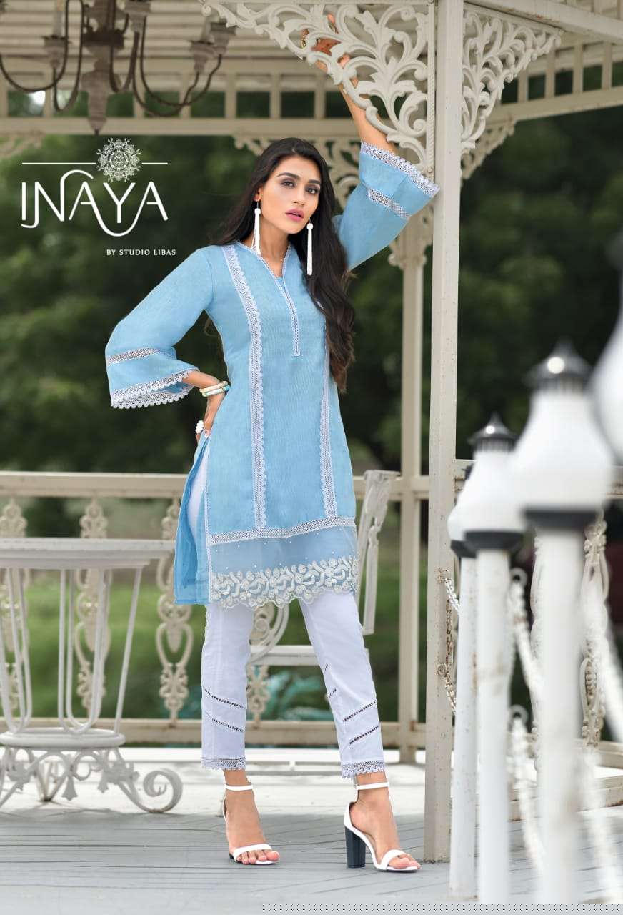 LUXURY PRET COLLECTION VOL-60 BY INAYA 6001 TO 6003 SERIES BEAUTIFUL DESIGNER COLORFUL STYLISH FANCY CASUAL WEAR & ETHNIC WEAR & READY TO WEAR PURE LINEN KURTIS & PALAZZOS AT WHOLESALE PRICE