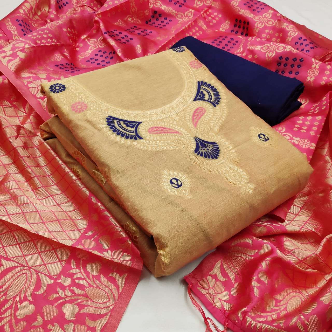 MICRO 15005 SERIES BY MICRO DESIGNER 01 TO 05 SERIES BEAUTIFUL SUITS STYLISH FANCY COLORFUL PARTY WEAR & OCCASIONAL WEAR HEAVY SILK BANARSI WORK DRESSES AT WHOLESALE PRICE