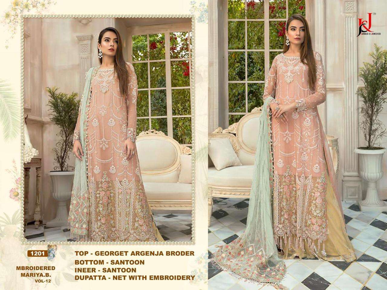 MBROIDERED MARIYA.B. VOL-12 BY J & J 1201 TO 1204 SERIES BEAUTIFUL SUITS STYLISH FANCY COLORFUL CASUAL WEAR & ETHNIC WEAR GEORGETTE WITH EMBROIDERY DRESSES AT WHOLESALE PRICE