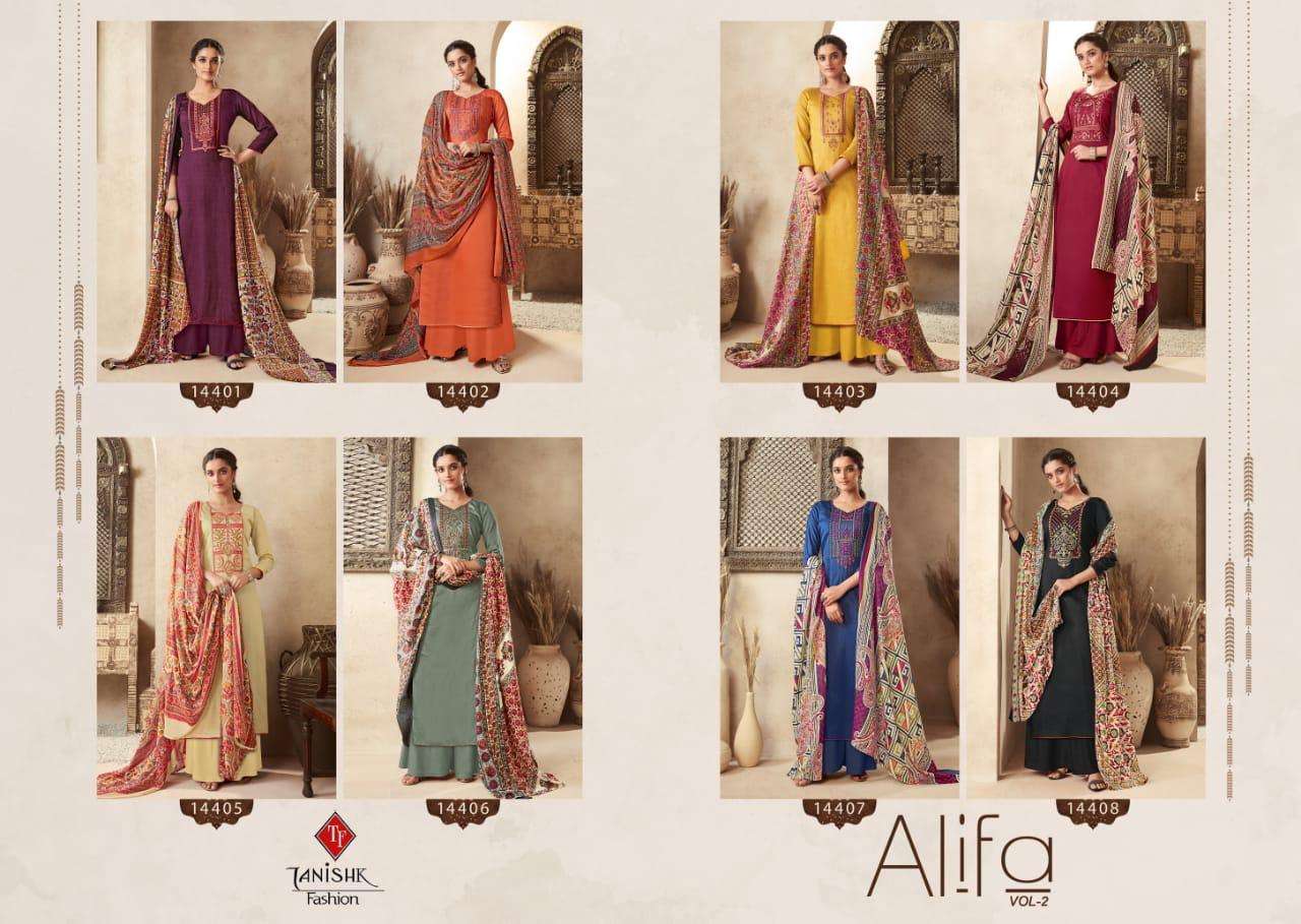 ALIFA VOL-2 BY TANISHK FASHION 14401 TO 14408 SERIES BEAUTIFUL SUITS STYLISH FANCY COLORFUL CASUAL WEAR & ETHNIC WEAR PURE JAM SATIN KASHMIRI WORK DRESSES AT WHOLESALE PRICE