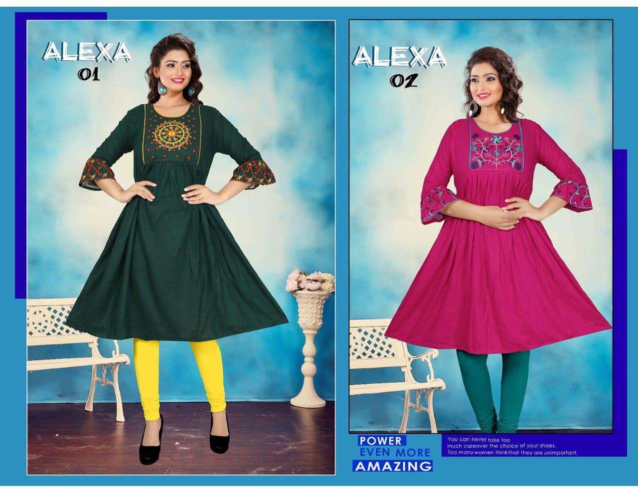 ALEXA BY HONEY 01 TO 10 SERIES BEAUTIFUL STYLISH COLORFUL FANCY PARTY WEAR & ETHNIC WEAR & READY TO WEAR RAYON PLAIN WITH EMBROIDERY KURTIS AT WHOLESALE PRICE