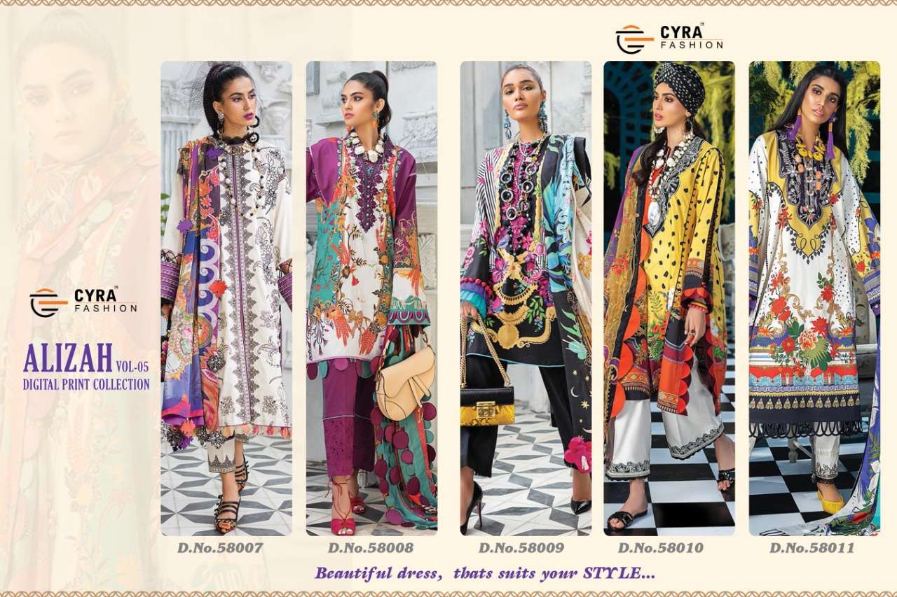 ALIZAH VOL-5 BY CYRA FASHION 58007 TO 58011 SERIES BEAUTIFUL SUITS STYLISH FANCY COLORFUL PARTY WEAR & OCCASIONAL WEAR JAM COTTON DIGITAL PRINTED DRESSES AT WHOLESALE PRICE
