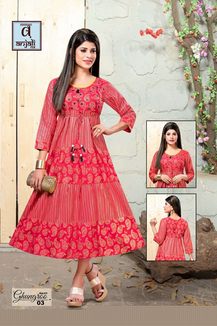 GHUNGROO BY ANJALI NX 01 TO 06 SERIES BEAUTIFUL STYLISH FANCY COLORFUL CASUAL WEAR & ETHNIC WEAR & READY TO WEAR 14 KG RAYON PRINTED KURTIS AT WHOLESALE PRICE