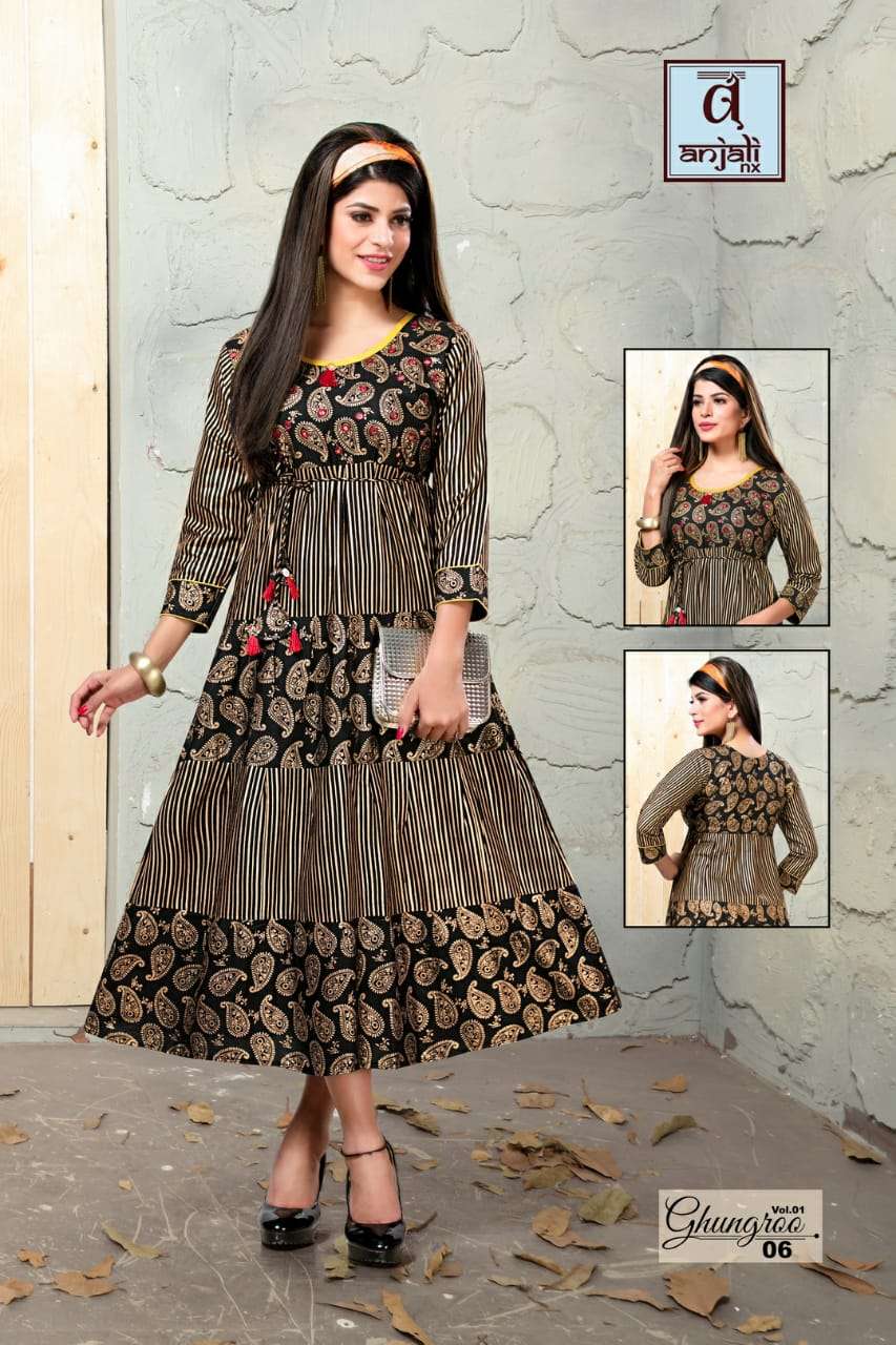 GHUNGROO BY ANJALI NX 01 TO 06 SERIES BEAUTIFUL STYLISH FANCY COLORFUL CASUAL WEAR & ETHNIC WEAR & READY TO WEAR 14 KG RAYON PRINTED KURTIS AT WHOLESALE PRICE