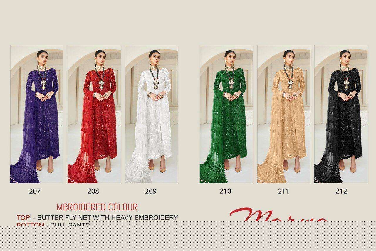 MARWA BY ZAURA HASSAN 207 TO 212 SERIES BEAUTIFUL COLORFUL STYLISH FANCY CASUAL WEAR & ETHNIC WEAR & READY TO WEAR BUTTERFLY NET WITH EMBROIDERY DRESSES AT WHOLESALE PRICE