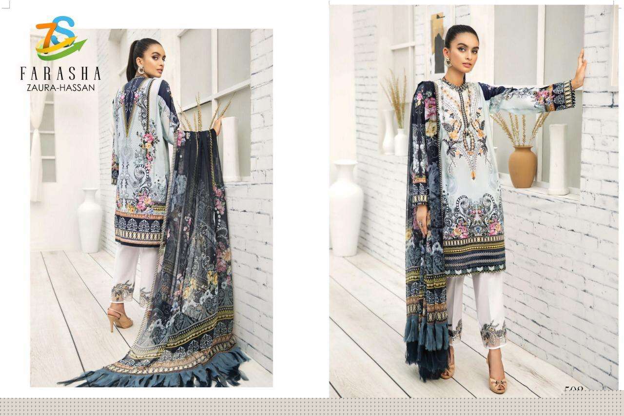 FARASHA BY ZAURA HASSAN 504 TO 509 BEAUTIFUL PAKISTANI SUITS COLORFUL STYLISH FANCY CASUAL WEAR & ETHNIC WEAR PURE JAM COTTON PRINTED WITH EMBROIDER DRESSES AT WHOLESALE PRICE