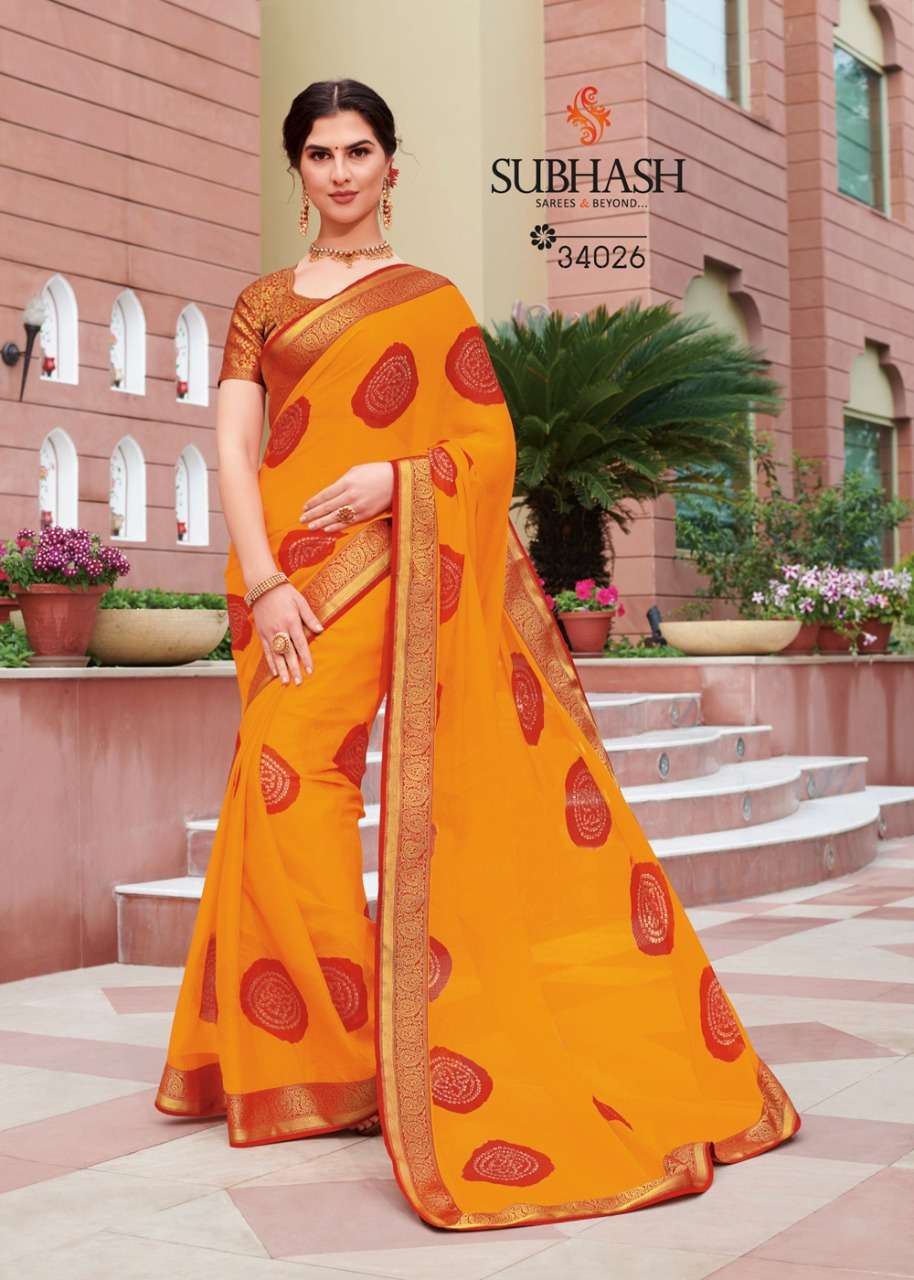 BANDHANI VOL-2 BY SUBHASH SAREES 34021 TO 34028 SERIES INDIAN TRADITIONAL WEAR COLLECTION BEAUTIFUL STYLISH FANCY COLORFUL PARTY WEAR & OCCASIONAL WEAR PUSHKAR CHIFFON EMBROIDERED SAREES AT WHOLESALE PRICE