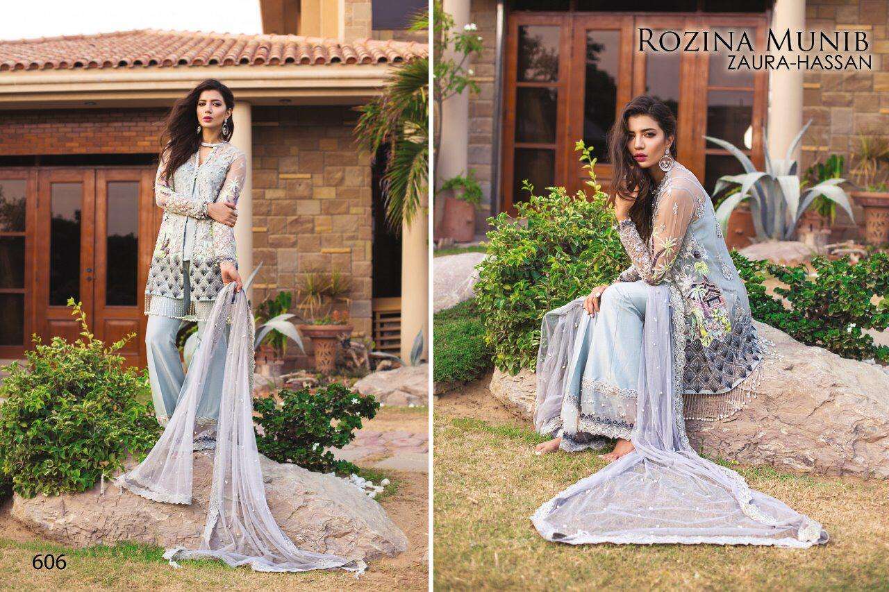 ROZINA MUNIB BY ZUARA HASSAN 604 TO 608 SERIES DESIGNER SHARARA SUITS BEAUTIFUL STYLISH FANCY COLORFUL PARTY WEAR & ETHNIC WEAR FAUX GEORGETTE WITH HEAVY EMBROIDERY DRESSES AT WHOLESALE PRICE