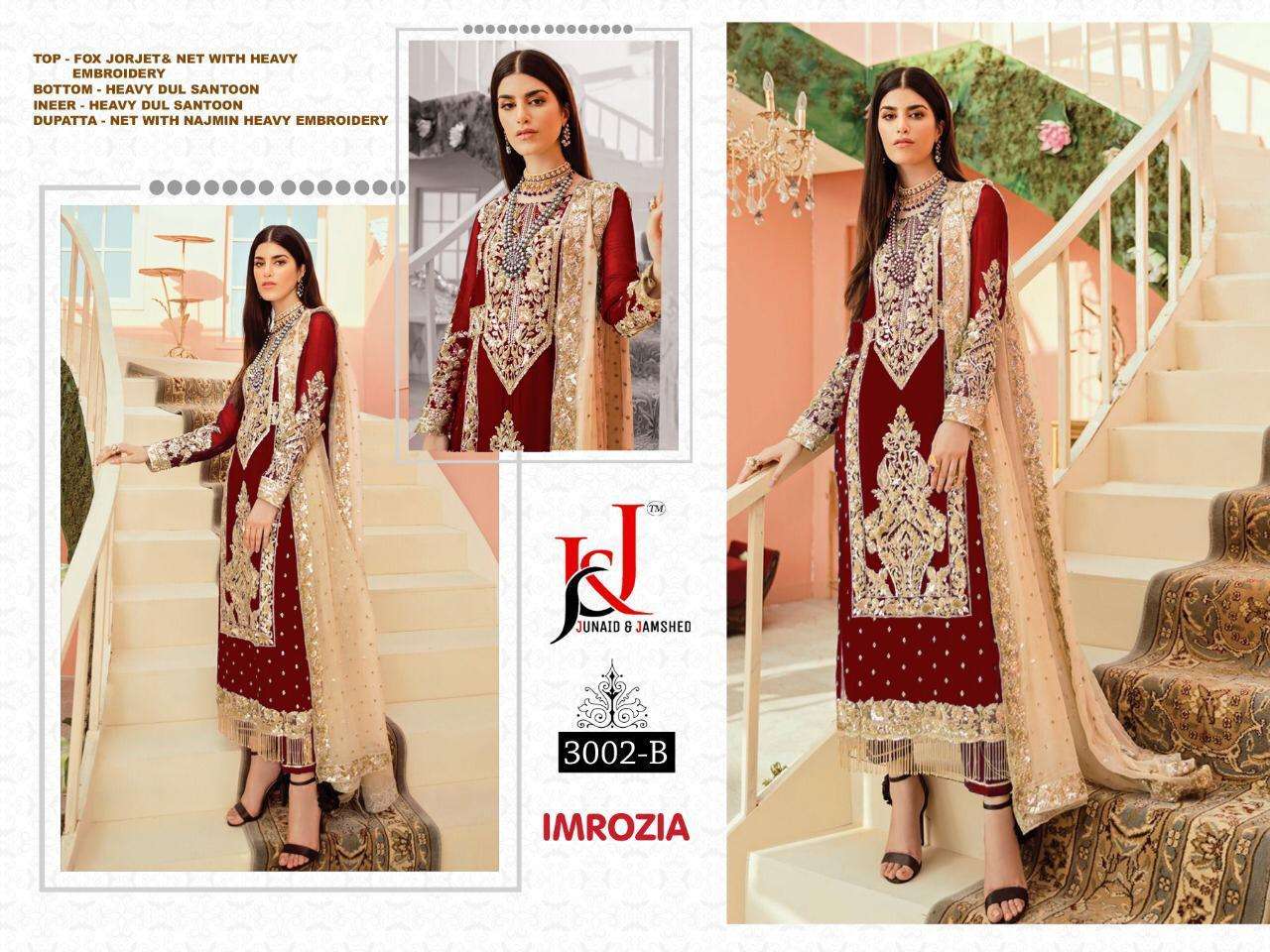 IMROZIA BY J AND J 3002-A TO 3002-G SERIES DESIGNER PAKISTANI SUITS BEAUTIFUL FANCY STYLISH COLORFUL PARTY WEAR & OCCASIONAL WEAR FAUX GEORGETTE EMBROIDERY DRESSES AT WHOLESALE PRICE