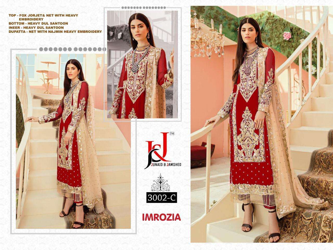 IMROZIA BY J AND J 3002-A TO 3002-G SERIES DESIGNER PAKISTANI SUITS BEAUTIFUL FANCY STYLISH COLORFUL PARTY WEAR & OCCASIONAL WEAR FAUX GEORGETTE EMBROIDERY DRESSES AT WHOLESALE PRICE