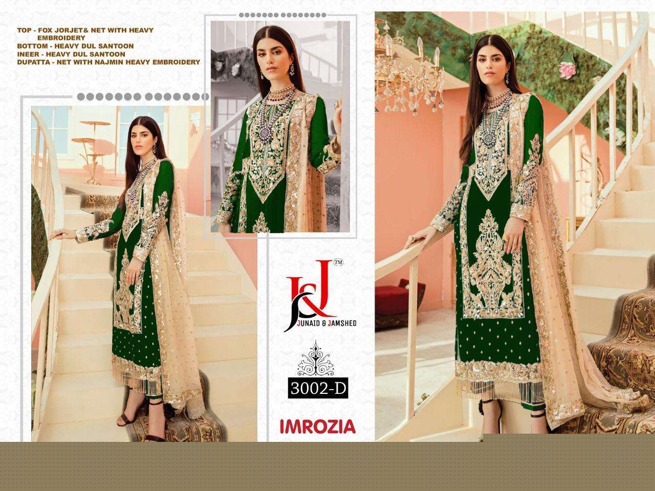 IMROZIA BY J AND J 3002-A TO 3002-G SERIES DESIGNER PAKISTANI SUITS BEAUTIFUL FANCY STYLISH COLORFUL PARTY WEAR & OCCASIONAL WEAR FAUX GEORGETTE EMBROIDERY DRESSES AT WHOLESALE PRICE