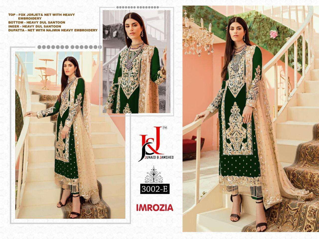IMROZIA BY J AND J 3002-A TO 3002-G SERIES DESIGNER PAKISTANI SUITS BEAUTIFUL FANCY STYLISH COLORFUL PARTY WEAR & OCCASIONAL WEAR FAUX GEORGETTE EMBROIDERY DRESSES AT WHOLESALE PRICE