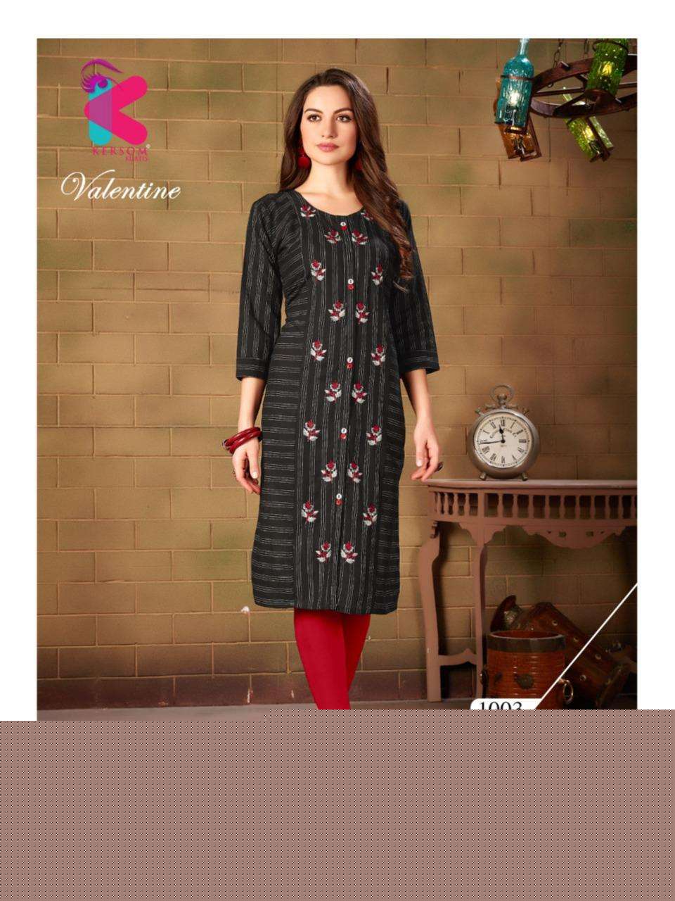 VALENTINE BY KERSOM 1001 TO 1010 SERIES BEAUTIFUL STYLISH COLORFUL FANCY PARTY WEAR & ETHNIC WEAR & READY TO WEAR HEAVY COTTON LINING KURTIS AT WHOLESALE PRICE