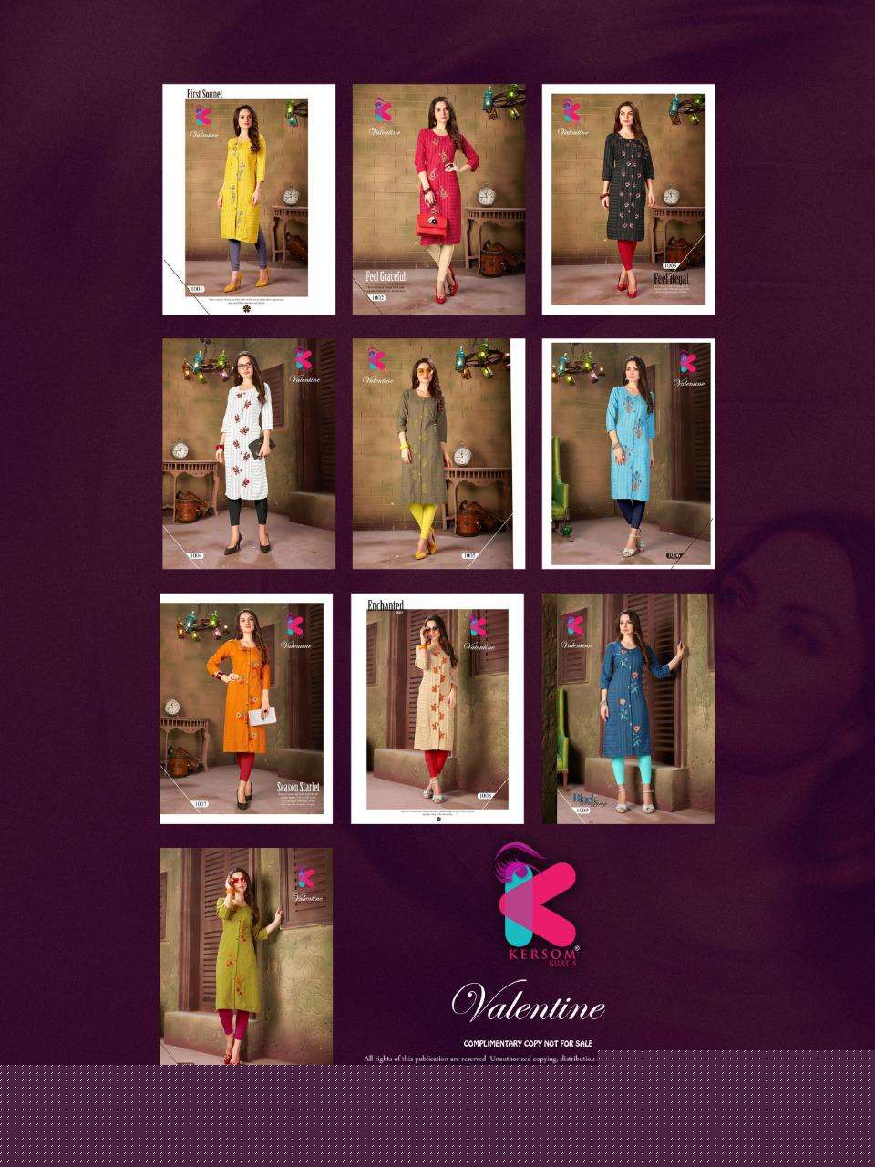 VALENTINE BY KERSOM 1001 TO 1010 SERIES BEAUTIFUL STYLISH COLORFUL FANCY PARTY WEAR & ETHNIC WEAR & READY TO WEAR HEAVY COTTON LINING KURTIS AT WHOLESALE PRICE