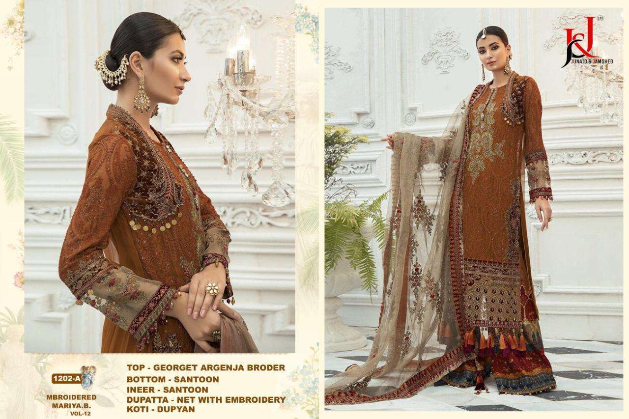 J AND J HIT DESIGN 1204 COLOURS BY J AND J 1202-A TO 1202-F SERIES PAKISTANI SUITS BEAUTIFUL FANCY COLORFUL STYLISH PARTY WEAR & OCCASIONAL WEAR FAUX GEORGETTE AND TUSSLE WITH EMBROIDERY DRESSES AT WHOLESALE PRICE
