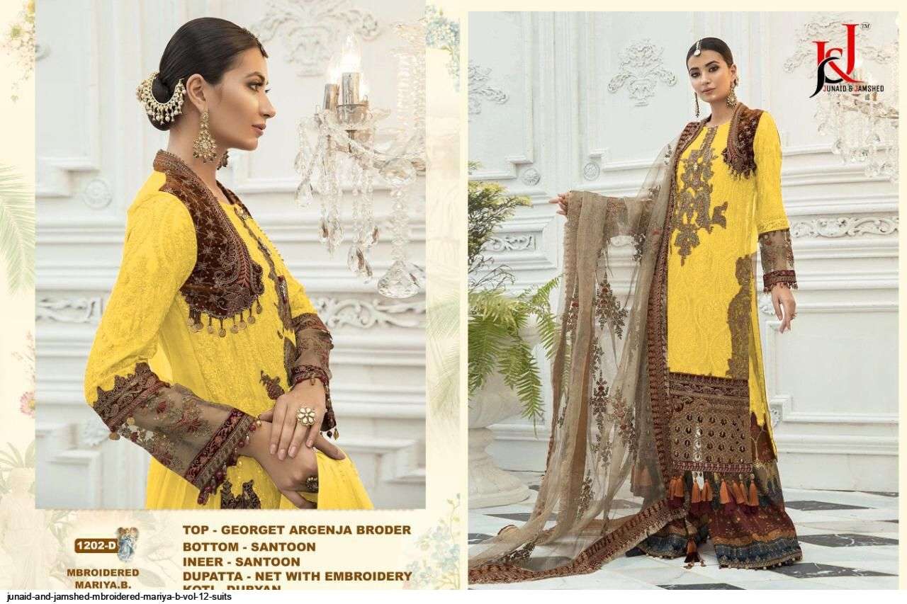 J AND J HIT DESIGN 1204 COLOURS BY J AND J 1202-A TO 1202-F SERIES PAKISTANI SUITS BEAUTIFUL FANCY COLORFUL STYLISH PARTY WEAR & OCCASIONAL WEAR FAUX GEORGETTE AND TUSSLE WITH EMBROIDERY DRESSES AT WHOLESALE PRICE
