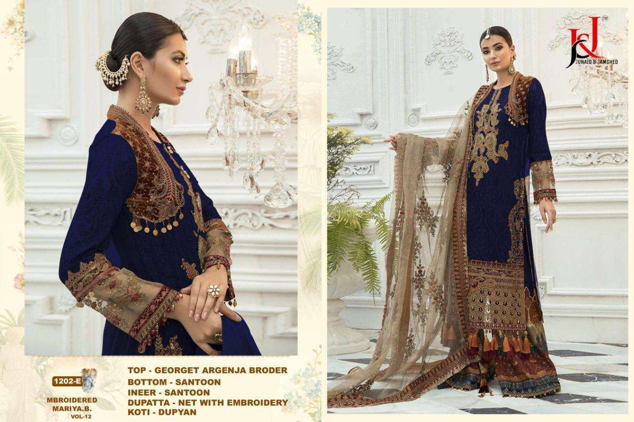 J AND J HIT DESIGN 1204 COLOURS BY J AND J 1202-A TO 1202-F SERIES PAKISTANI SUITS BEAUTIFUL FANCY COLORFUL STYLISH PARTY WEAR & OCCASIONAL WEAR FAUX GEORGETTE AND TUSSLE WITH EMBROIDERY DRESSES AT WHOLESALE PRICE