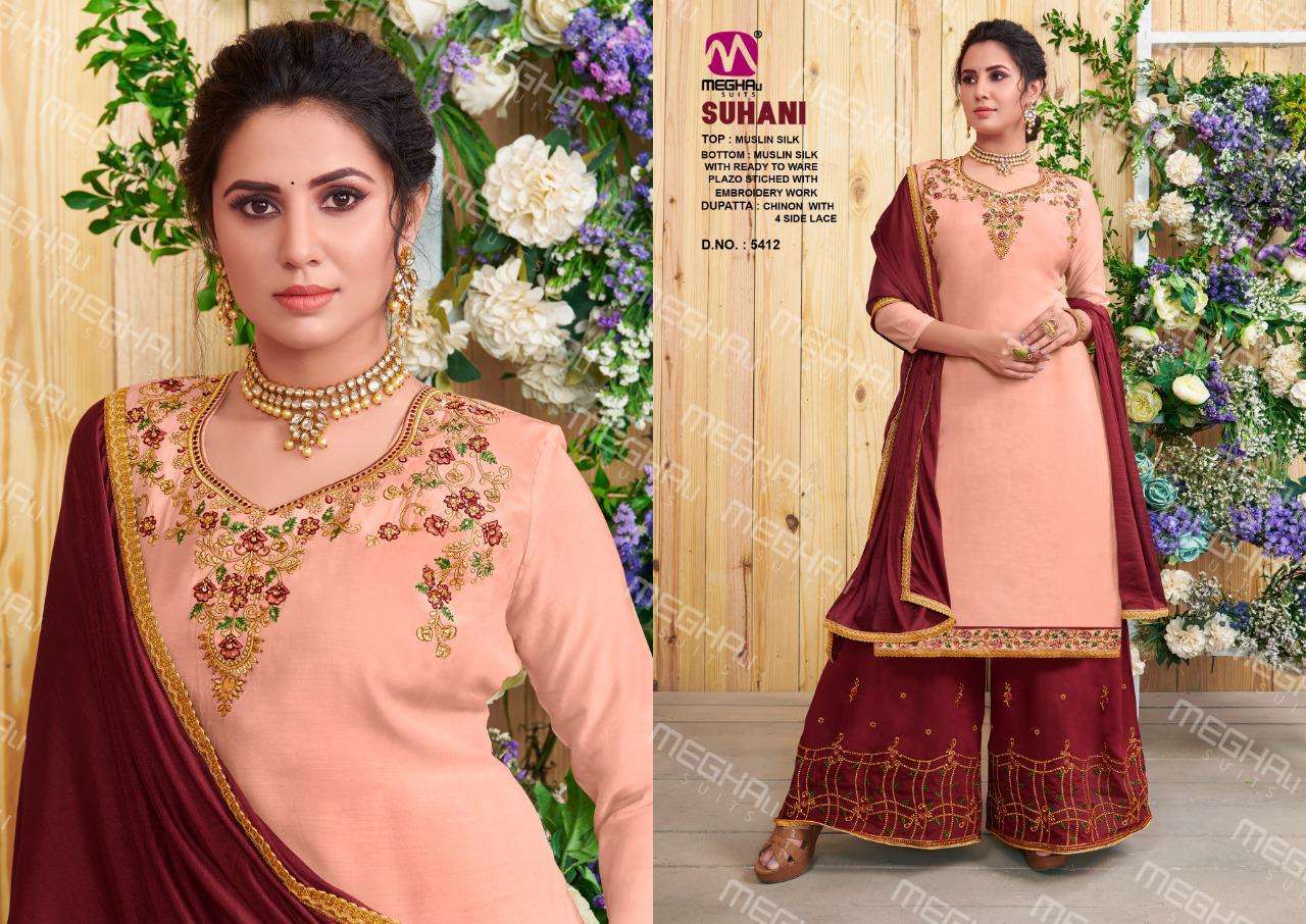 SUHANI BY MEGHALI SUITS 5409 TO 5412 SERIES BEAUTIFUL SUITS COLORFUL STYLISH FANCY CASUAL WEAR & ETHNIC WEAR MUSLIN SILK DRESSES AT WHOLESALE PRICE