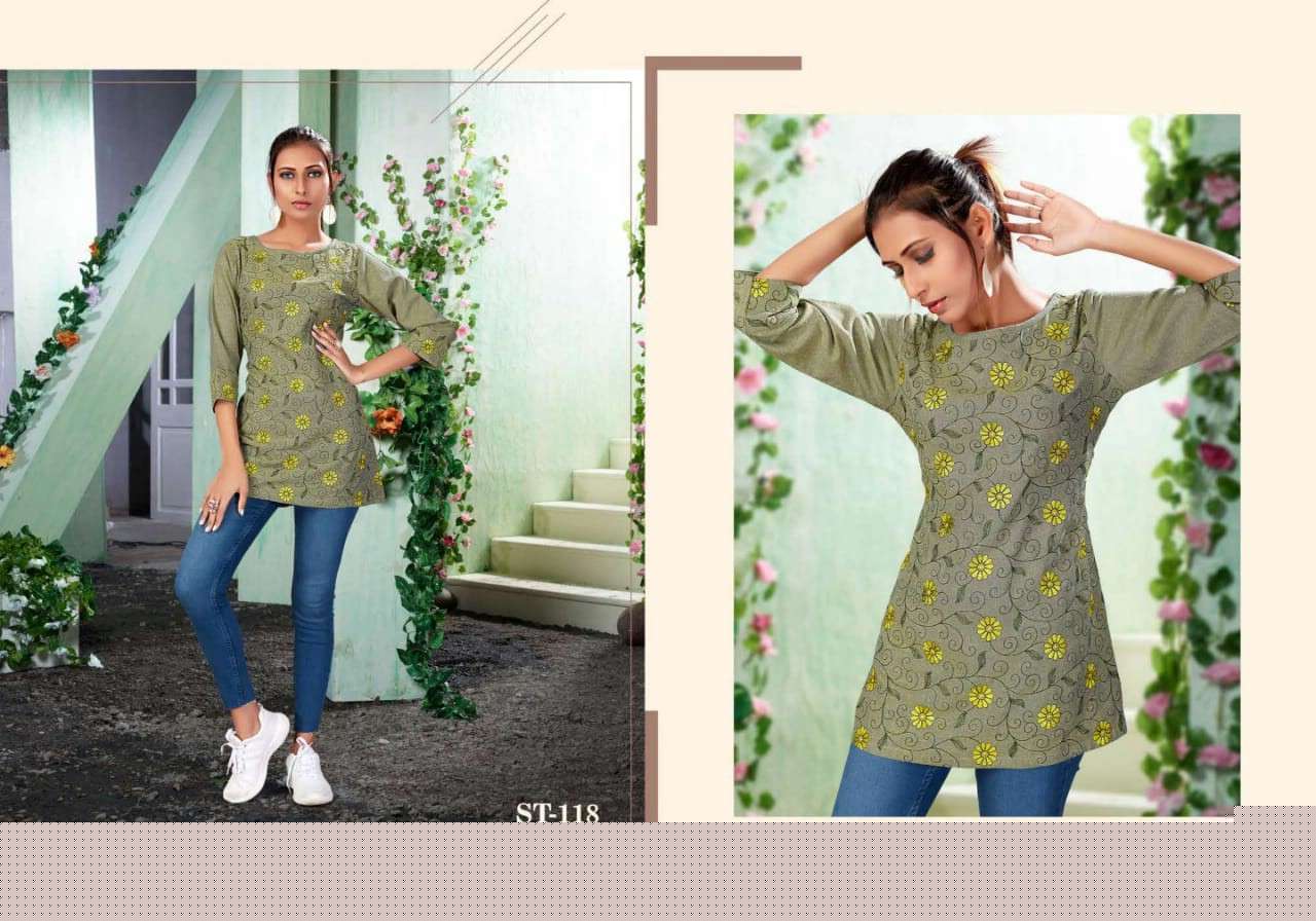 TOP-UP BY SNAPSTYLE STYLISH FANCY BEAUTIFUL COLORFUL CASUAL WEAR & ETHNIC WEAR RAYON DENIM EMBROIDERED KURTIS AT WHOLESALE PRICE