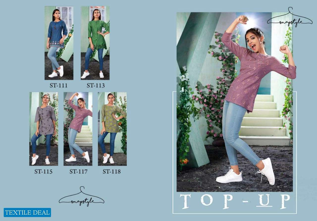 TOP-UP BY SNAPSTYLE STYLISH FANCY BEAUTIFUL COLORFUL CASUAL WEAR & ETHNIC WEAR RAYON DENIM EMBROIDERED KURTIS AT WHOLESALE PRICE