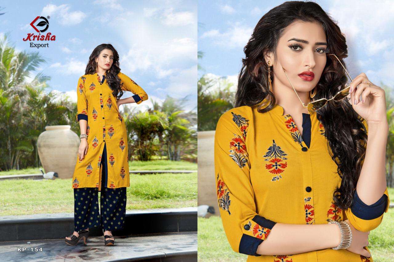 JAIMINI BY KRISHA EXPORTS 153 TO 158 SERIES STYLISH FANCY BEAUTIFUL COLORFUL CASUAL WEAR & ETHNIC WEAR HEAVY RAYON AND RAYON SLUB KURTIS WITH BOTTOM AT WHOLESALE PRICE