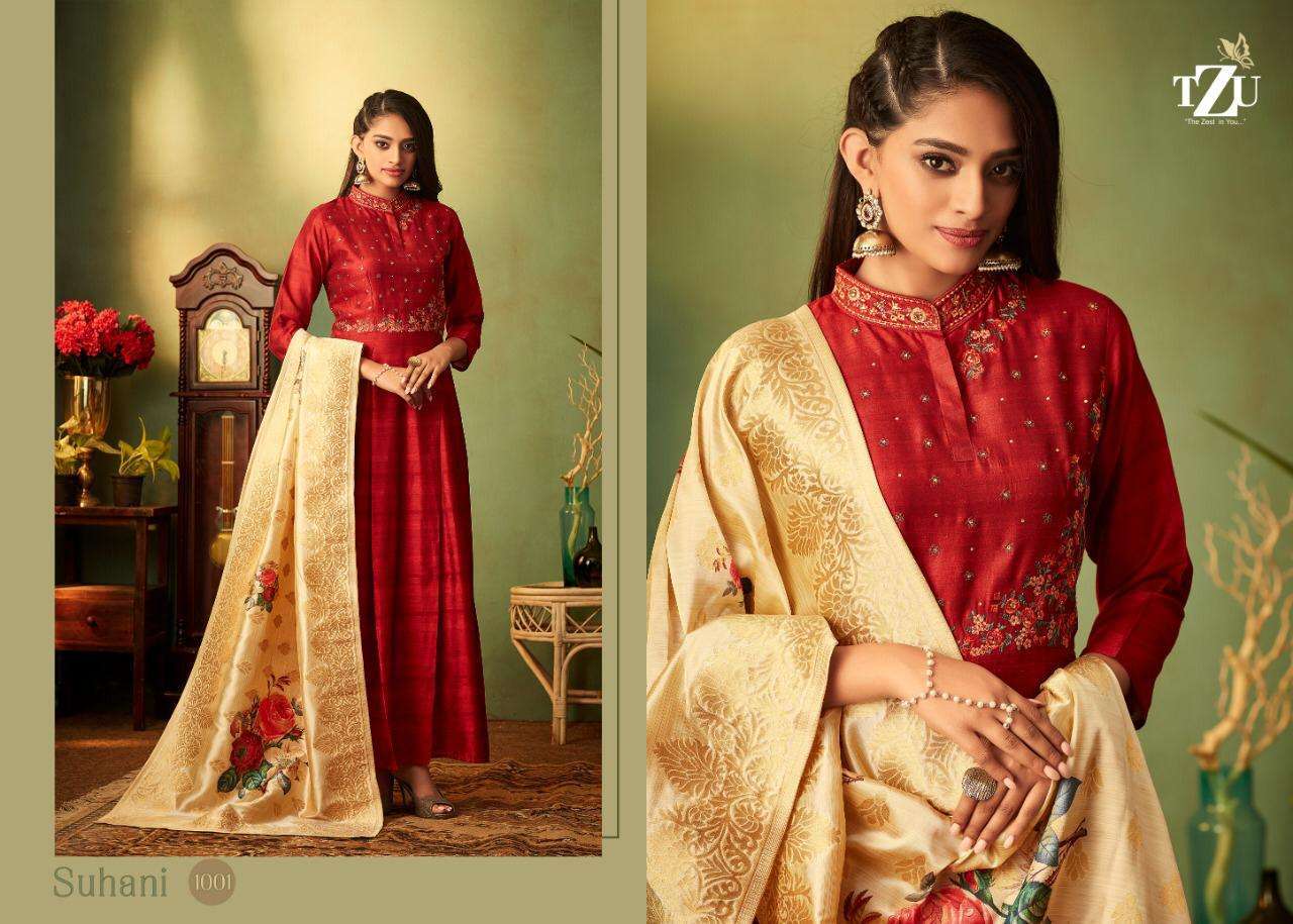 SUHANI BY TZU 1001 TO 1004 SERIES STYLISH FANCY BEAUTIFUL COLORFUL CASUAL WEAR & ETHNIC WEAR KOREAN SILK GOWNS AT WHOLESALE PRICE
