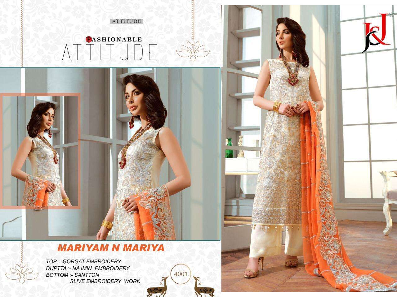 MARIYAM N MARIYA BY J AND J 4001 TO 4004 SERIES DESIGNER PAKISTANI SUITS COLLECTION BEAUTIFUL STYLISH FANCY COLORFUL PARTY WEAR & OCCASIONAL WEAR FAUX GEORGETTE WITH EMBROIDERY DRESSES AT WHOLESALE PRICE