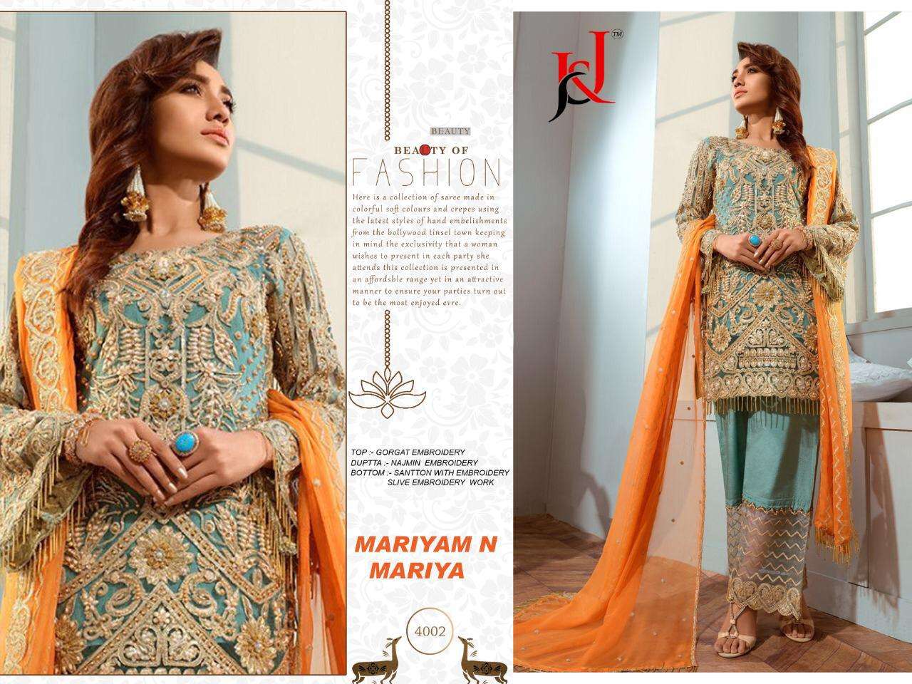 MARIYAM N MARIYA BY J AND J 4001 TO 4004 SERIES DESIGNER PAKISTANI SUITS COLLECTION BEAUTIFUL STYLISH FANCY COLORFUL PARTY WEAR & OCCASIONAL WEAR FAUX GEORGETTE WITH EMBROIDERY DRESSES AT WHOLESALE PRICE