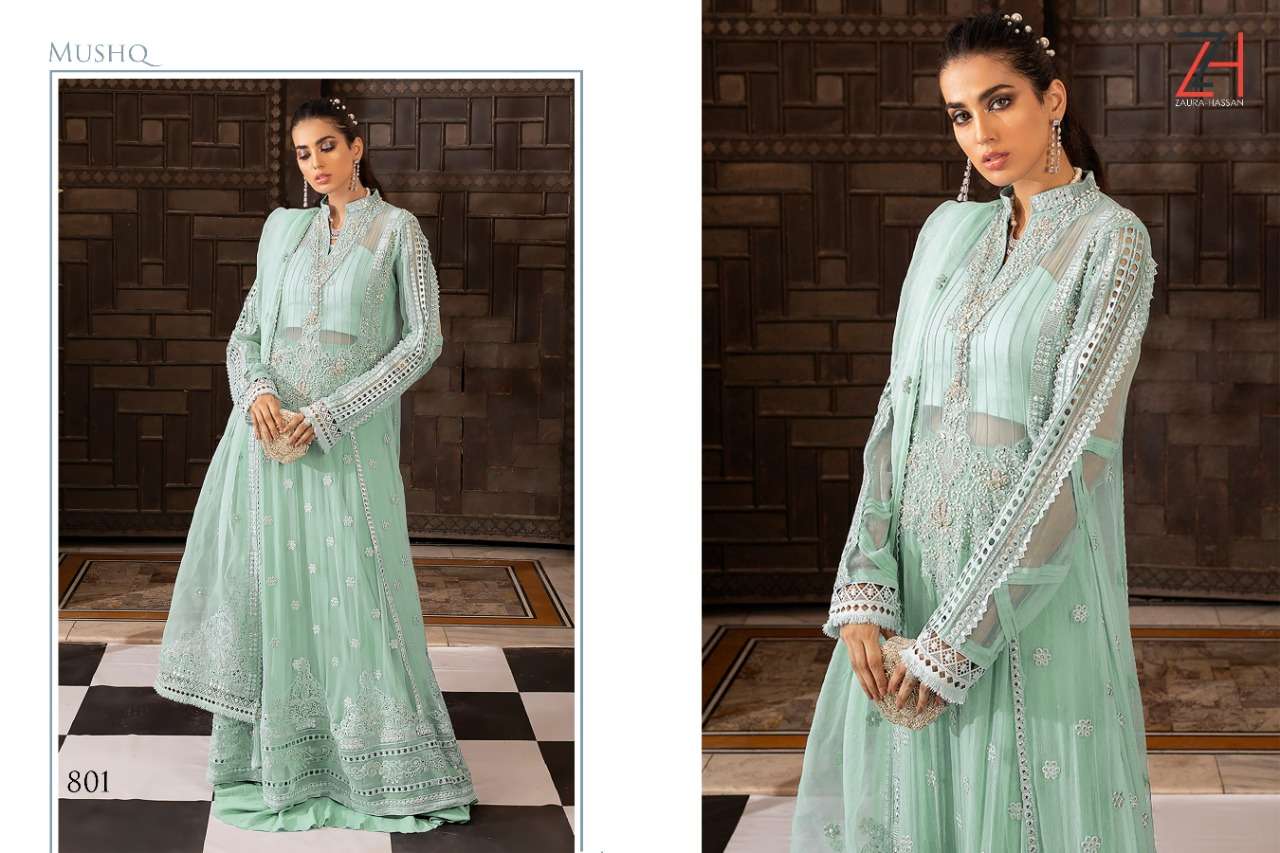 MUSHQ 801 SERIES BY ZAURA HASSAN 801 TO 804 SERIES BEAUTIFUL PAKISTANI SUITS COLORFUL STYLISH FANCY CASUAL WEAR & ETHNIC WEAR FAUX GEORGETTE WITH EMBROIDERED DRESSES AT WHOLESALE PRICE