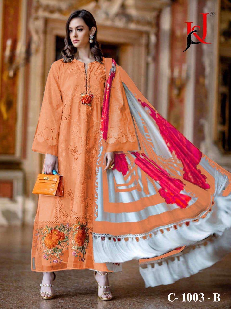 ALZOHAIB COTTON COLLECTION BY J AND J 1003-A TO 1003-D SERIES BEAUTIFUL SUITS STYLISH COLORFUL FANCY CASUAL WEAR & ETHNIC WEAR PURE COTTON EMBROIDERED DRESSES AT WHOLESALE PRICE