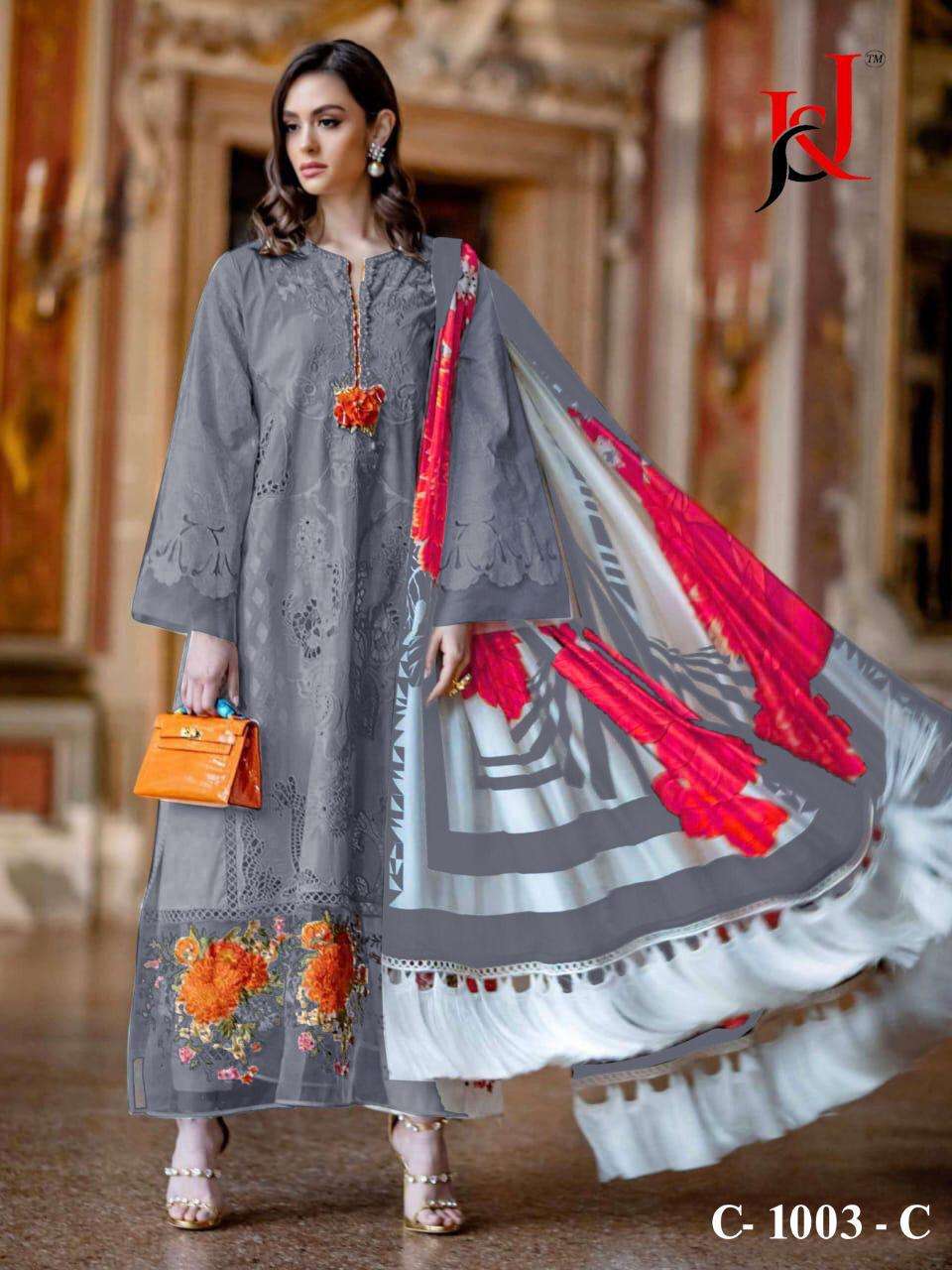ALZOHAIB COTTON COLLECTION BY J AND J 1003-A TO 1003-D SERIES BEAUTIFUL SUITS STYLISH COLORFUL FANCY CASUAL WEAR & ETHNIC WEAR PURE COTTON EMBROIDERED DRESSES AT WHOLESALE PRICE