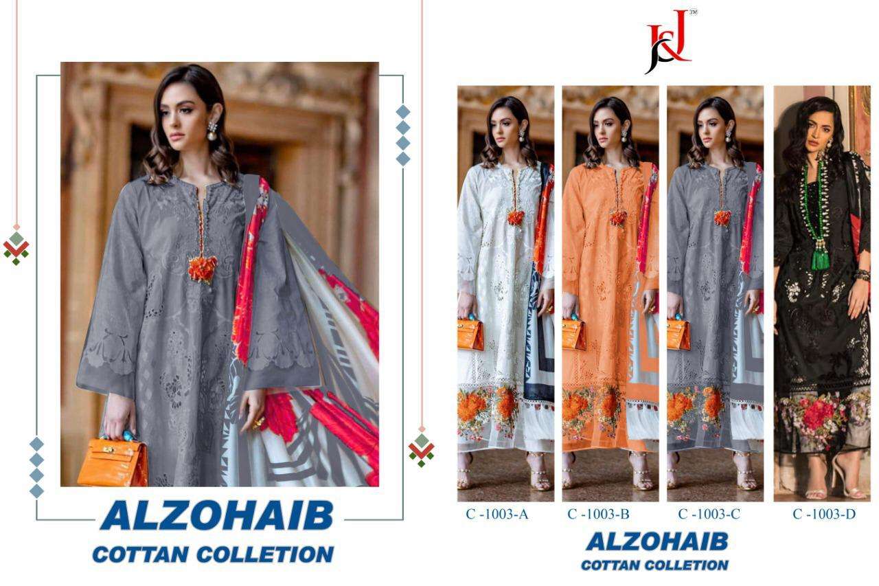 ALZOHAIB COTTON COLLECTION BY J AND J 1003-A TO 1003-D SERIES BEAUTIFUL SUITS STYLISH COLORFUL FANCY CASUAL WEAR & ETHNIC WEAR PURE COTTON EMBROIDERED DRESSES AT WHOLESALE PRICE