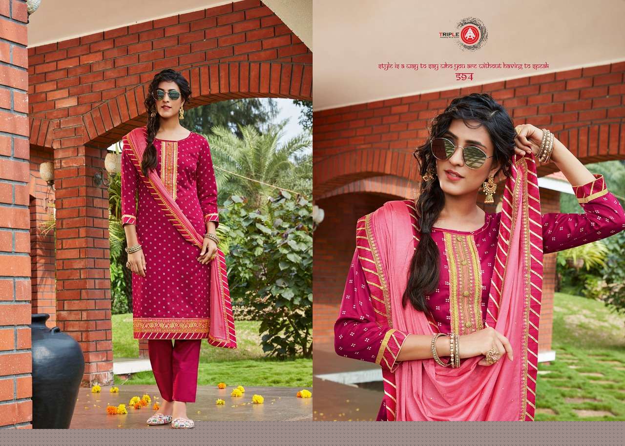 KUMKUM BY AAA DESIGN STUDIO 591 TO 596 SERIES BEAUTIFUL COLORFUL STYLISH FANCY CASUAL WEAR & ETHNIC WEAR & READY TO WEAR JAM PRINTED WITH EMBROIDERY DRESSES AT WHOLESALE PRICE