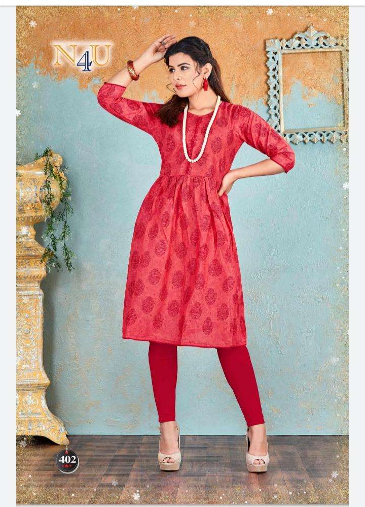 NURANI BY N4U 401 TO 405 SERIES BEAUTIFUL STYLISH FANCY COLORFUL CASUAL WEAR & ETHNIC WEAR COTTON SLUB IKKAT PRINTED KURTIS AT WHOLESALE PRICE