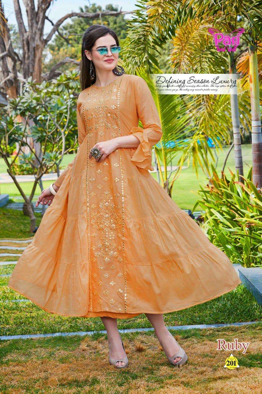 RUBY BY PARI 201 TO 208 SERIES DESIGNER BEAUTIFUL STYLISH FANCY COLORFUL PARTY WEAR & OCCASIONAL WEAR COTTON MAL GOWNS WITH DUPATTA AT WHOLESALE PRICE