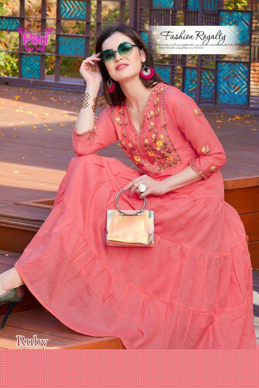 RUBY BY PARI 201 TO 208 SERIES DESIGNER BEAUTIFUL STYLISH FANCY COLORFUL PARTY WEAR & OCCASIONAL WEAR COTTON MAL GOWNS WITH DUPATTA AT WHOLESALE PRICE