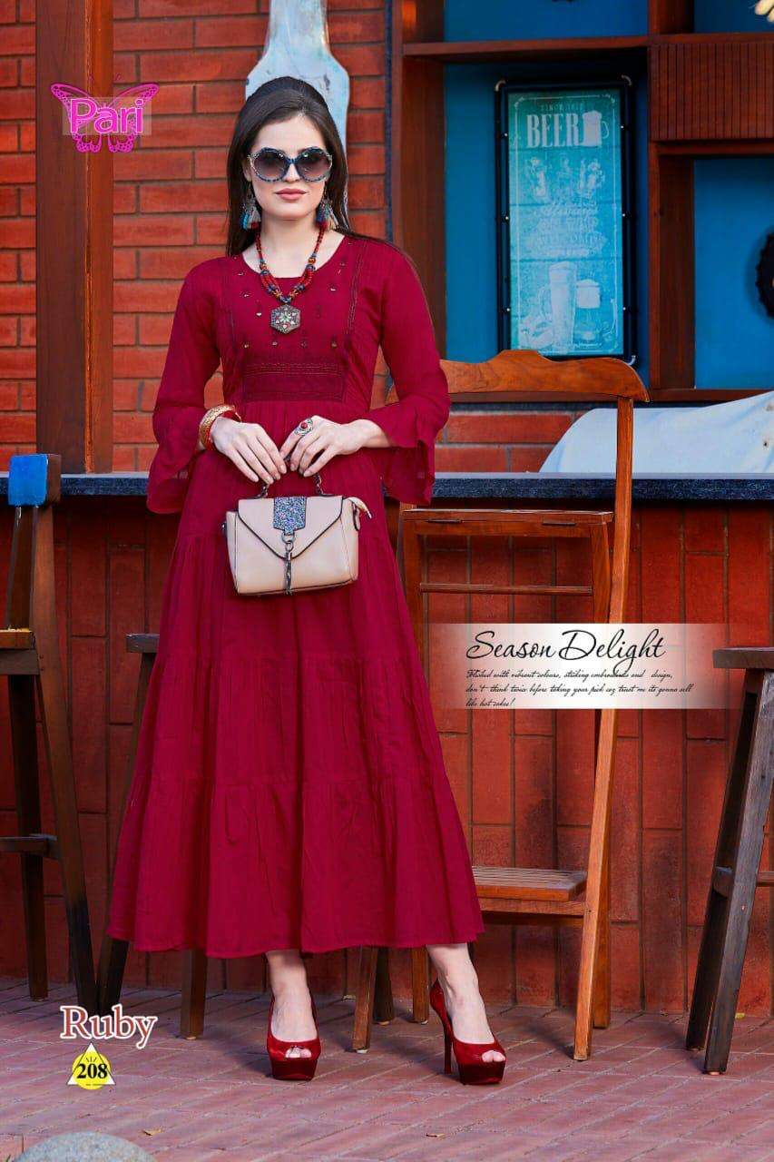 RUBY BY PARI 201 TO 208 SERIES DESIGNER BEAUTIFUL STYLISH FANCY COLORFUL PARTY WEAR & OCCASIONAL WEAR COTTON MAL GOWNS WITH DUPATTA AT WHOLESALE PRICE