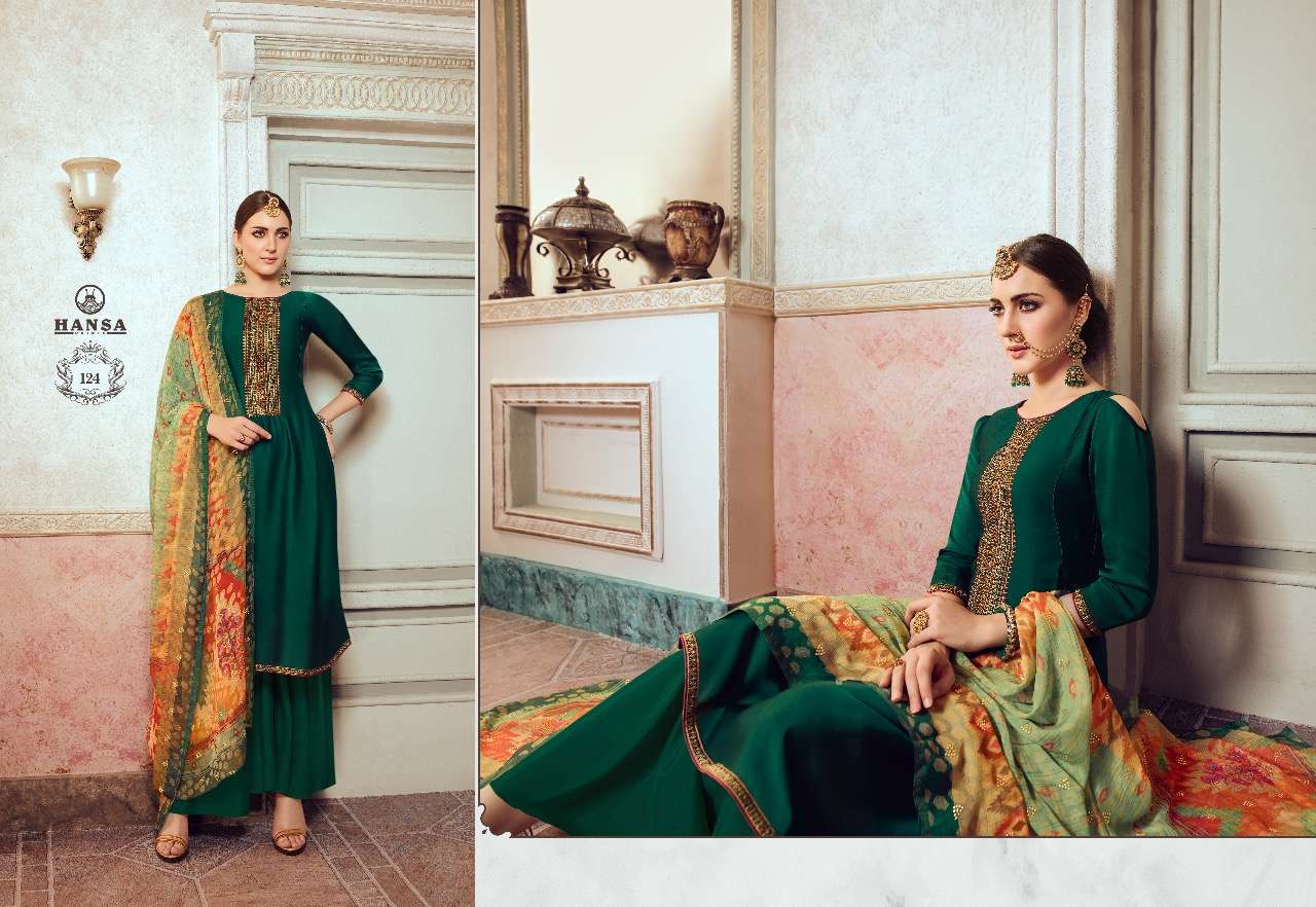 Husna Ara Hridya By Hansa Print 121 To To 128 Series Designer Suits Collection Beautiful Stylish Fancy Colorful Party Wear & Ethnic Wear Satin Georgette With Embroidery Dresses At Wholesale Price