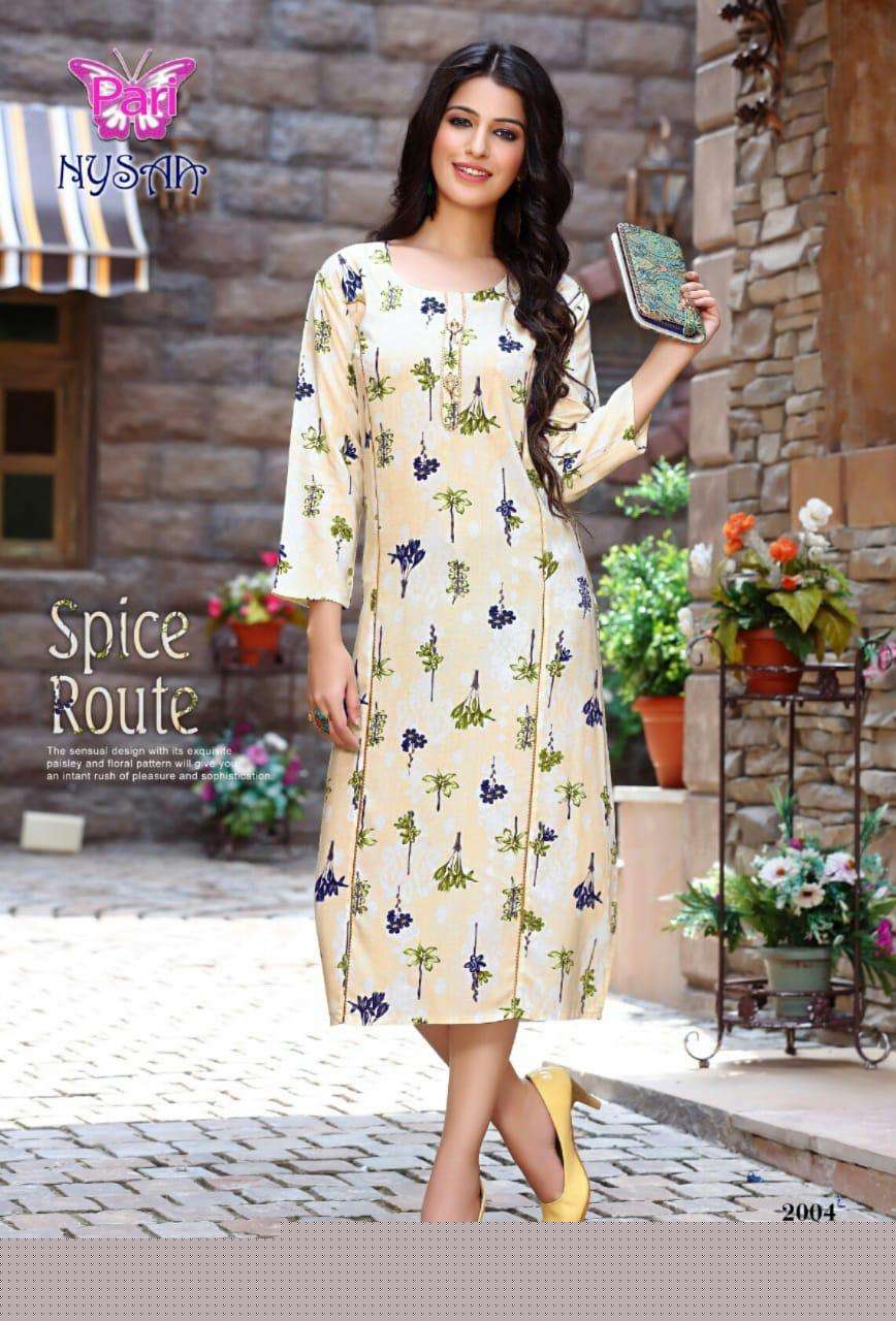 NYSAA VOL-2 BY PARI 2001 TO 2008 SERIES BEAUTIFUL STYLISH FANCY COLORFUL CASUAL WEAR & ETHNIC WEAR RAYON 14 KG PRINTED KURTIS AT WHOLESALE PRICE