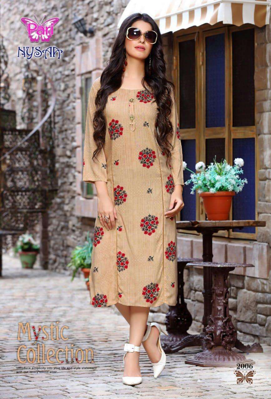 NYSAA VOL-2 BY PARI 2001 TO 2008 SERIES BEAUTIFUL STYLISH FANCY COLORFUL CASUAL WEAR & ETHNIC WEAR RAYON 14 KG PRINTED KURTIS AT WHOLESALE PRICE