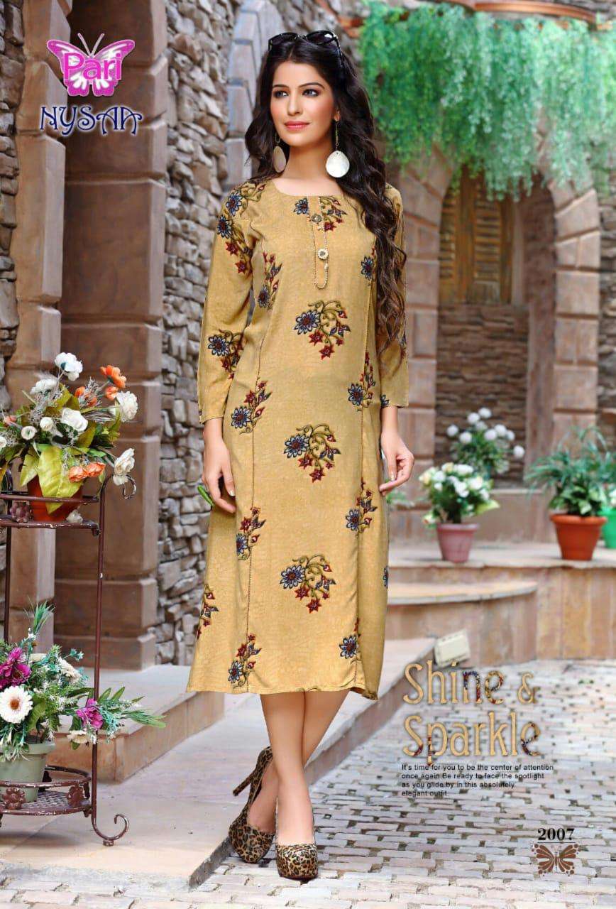 NYSAA VOL-2 BY PARI 2001 TO 2008 SERIES BEAUTIFUL STYLISH FANCY COLORFUL CASUAL WEAR & ETHNIC WEAR RAYON 14 KG PRINTED KURTIS AT WHOLESALE PRICE