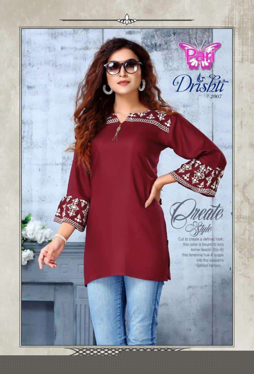 DRISHTI VOL-2 BY PARI 1001 TO 1008 SERIES BEAUTIFUL STYLISH FANCY COLORFUL CASUAL WEAR & ETHNIC WEAR RAYON TWILL 18 KG PRINTED KURTIS AT WHOLESALE PRICE