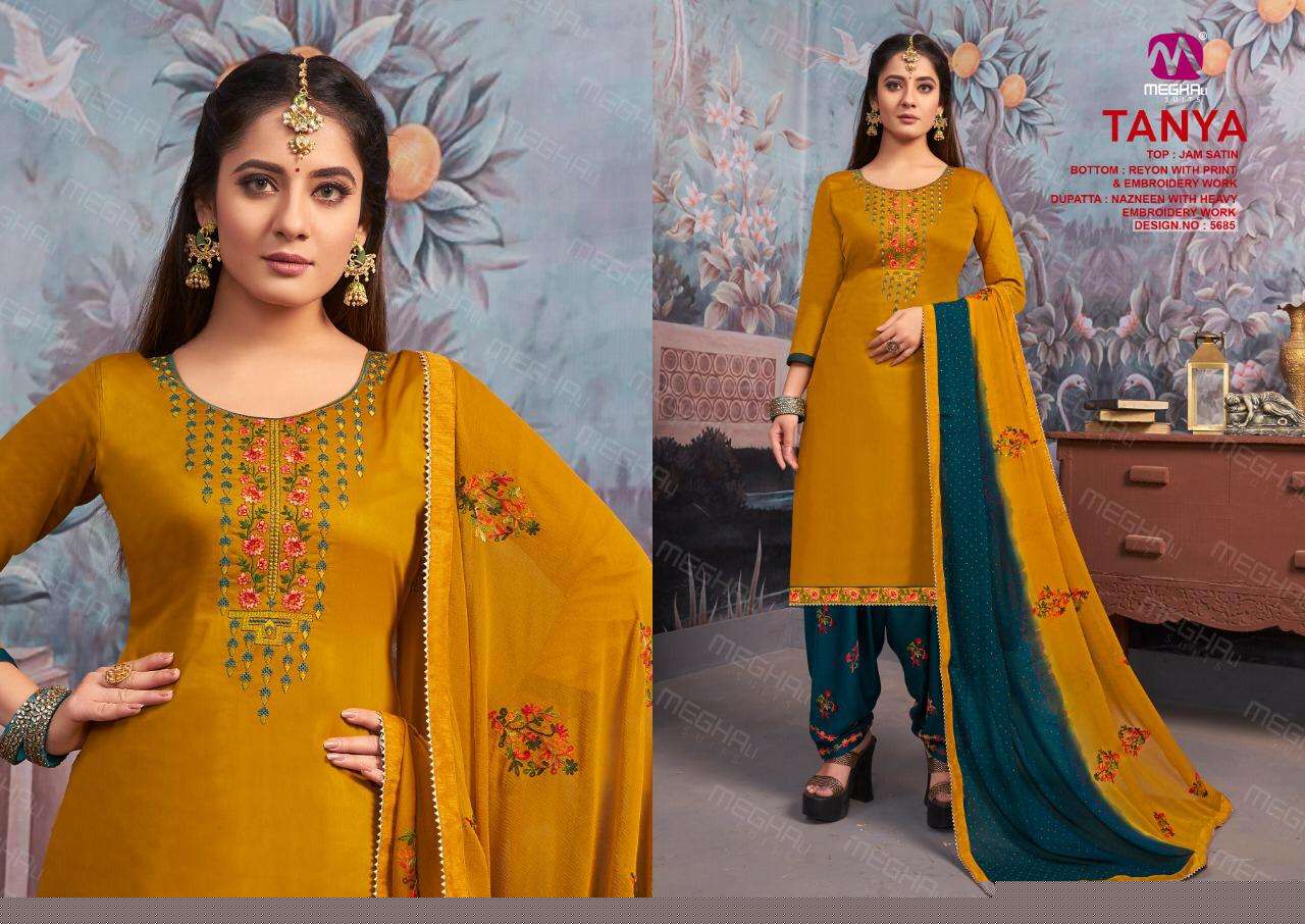 TANYA BY MEGHALI SUITS 5685 TO 5690 SERIES BEAUTIFUL SUITS STYLISH COLORFUL FANCY CASUAL WEAR & ETHNIC WEAR JAM SATIN WITH EMBROIDERY DRESSES AT WHOLESALE PRICE