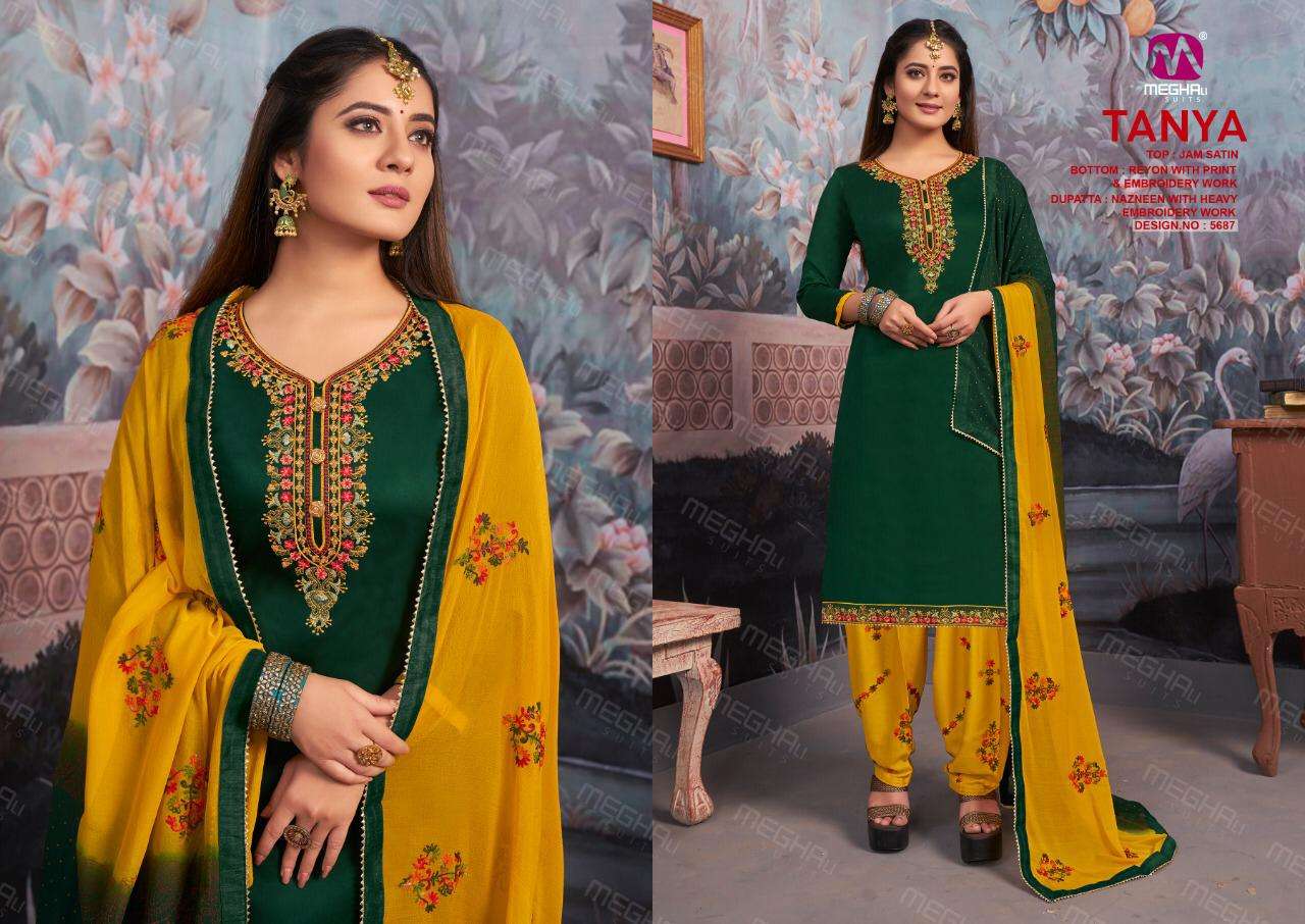 TANYA BY MEGHALI SUITS 5685 TO 5690 SERIES BEAUTIFUL SUITS STYLISH COLORFUL FANCY CASUAL WEAR & ETHNIC WEAR JAM SATIN WITH EMBROIDERY DRESSES AT WHOLESALE PRICE