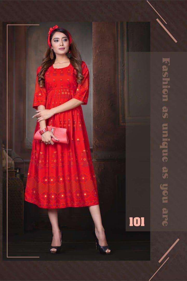 SWEET QUEEN BY FASHION TALK 101 TO 110 SERIES DESIGNER BEAUTIFUL STYLISH FANCY COLORFUL PARTY WEAR & OCCASIONAL WEAR HEAVY RAYON 14 KG GOWNS AT WHOLESALE PRICE