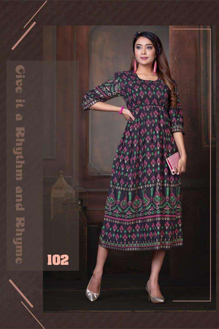 SWEET QUEEN BY FASHION TALK 101 TO 110 SERIES DESIGNER BEAUTIFUL STYLISH FANCY COLORFUL PARTY WEAR & OCCASIONAL WEAR HEAVY RAYON 14 KG GOWNS AT WHOLESALE PRICE