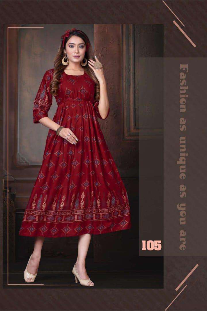 SWEET QUEEN BY FASHION TALK 101 TO 110 SERIES DESIGNER BEAUTIFUL STYLISH FANCY COLORFUL PARTY WEAR & OCCASIONAL WEAR HEAVY RAYON 14 KG GOWNS AT WHOLESALE PRICE