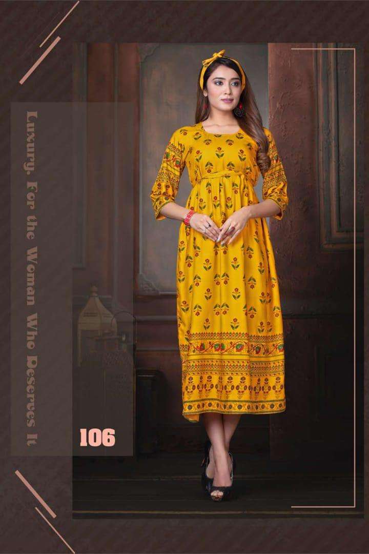 SWEET QUEEN BY FASHION TALK 101 TO 110 SERIES DESIGNER BEAUTIFUL STYLISH FANCY COLORFUL PARTY WEAR & OCCASIONAL WEAR HEAVY RAYON 14 KG GOWNS AT WHOLESALE PRICE
