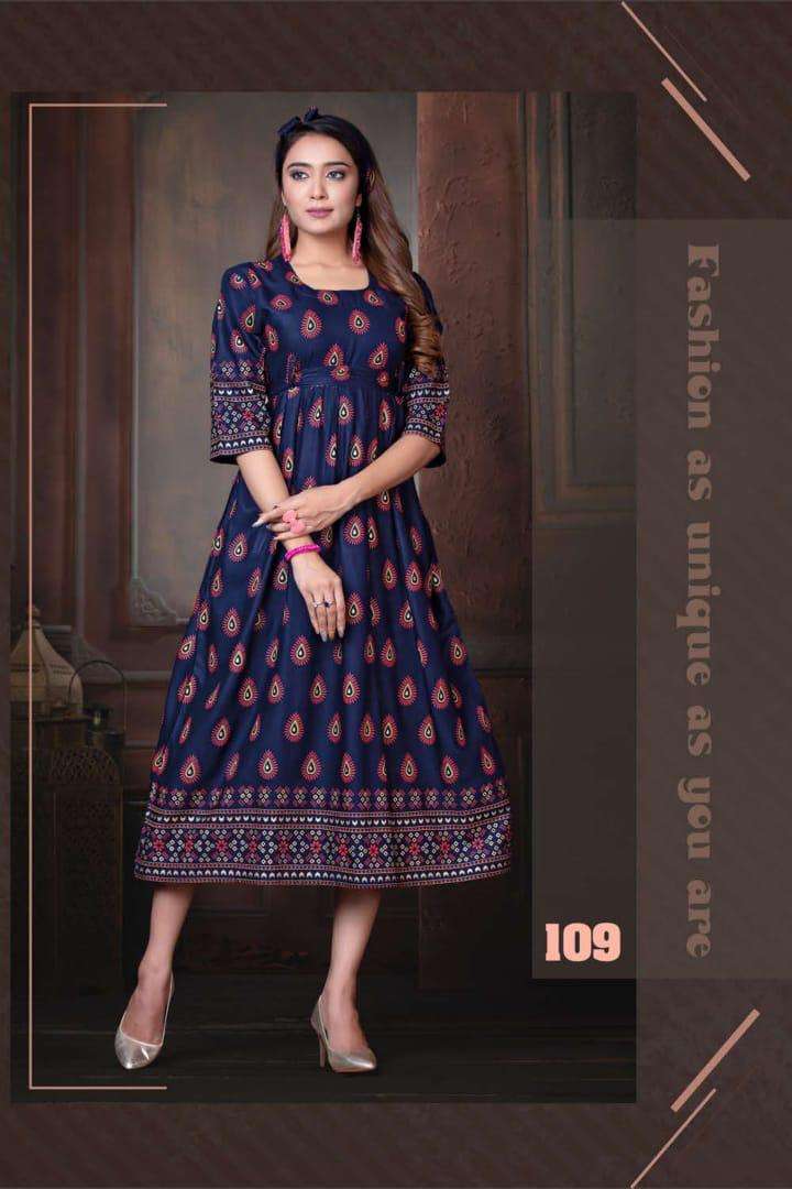 SWEET QUEEN BY FASHION TALK 101 TO 110 SERIES DESIGNER BEAUTIFUL STYLISH FANCY COLORFUL PARTY WEAR & OCCASIONAL WEAR HEAVY RAYON 14 KG GOWNS AT WHOLESALE PRICE