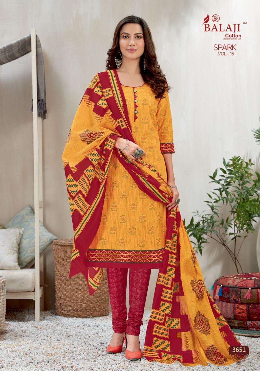 SPARK VOL-15 BY BALAJI COTTON 3651 TO 3666 SERIES DESIGNER PATIYALA SUITS BEAUTIFUL FANCY COLORFUL STYLISH PARTY WEAR & ETHNIC WEAR PURE COTTON PRINTED DRESSES AT WHOLESALE PRICE